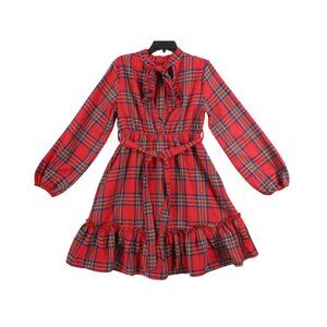 Red Plaid Long-Sleeve Ruffle Hem PDress With Tie Neck & Waist Belt Size M